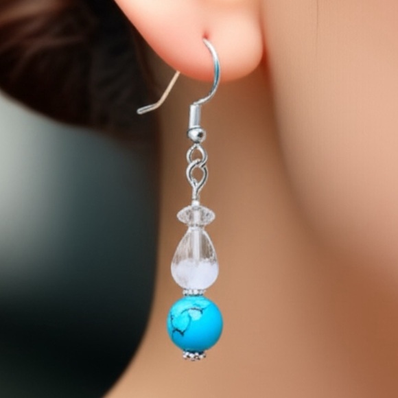 Handmade Boho Blue Turquoise Bead Dangle Earrings Glass Stacked 925 Silver Hooks - Picture 1 of 7